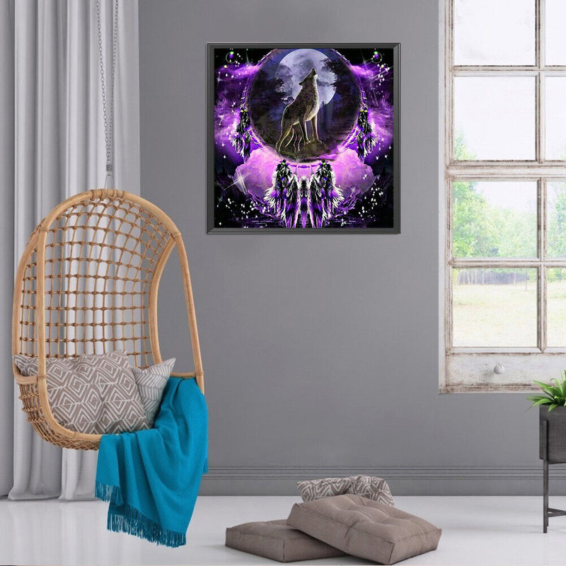 5D Rhinestone DIY Purple Wolf Dreamcatcher Full Round Drill Diamond Painting Kit