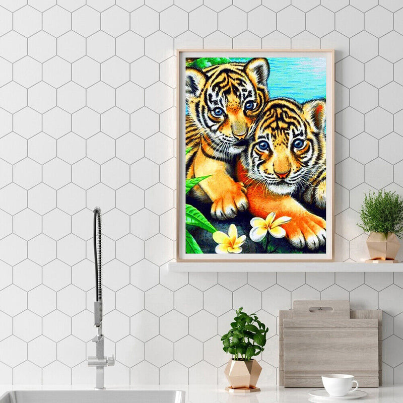5D DIY Diamond Painting Two Tiger Kits Full Round Drill Wall Rhinestone Decor