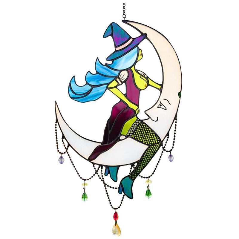 Stained Glass Halloween Witch On Moon Suncatcher Window Hangings Art Decoration
