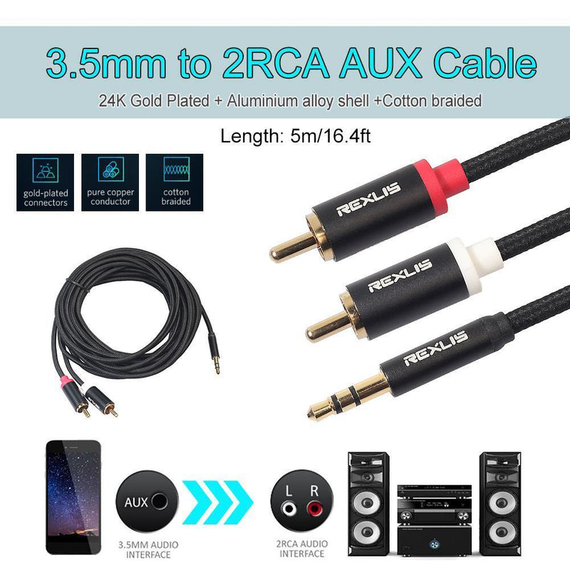 3pcs 3.5mm Jack Male to 2 RCA Aux Cable Cotton Braid for Home Theater (5 m)