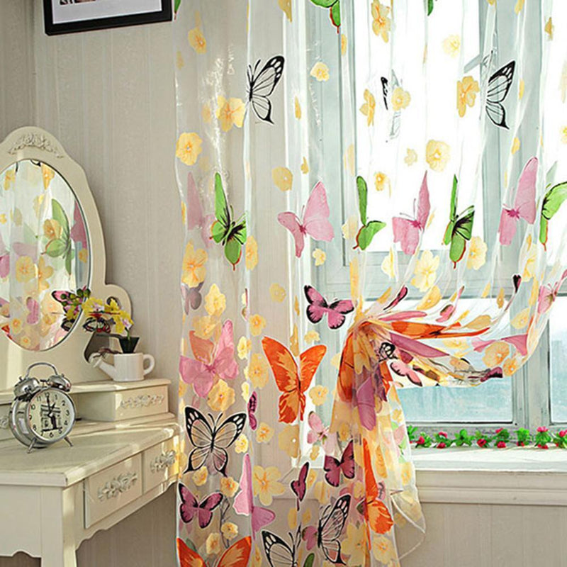 2pcs Colorful Butterlfly Printing Burnt-out Curtain Sheer Organdy Panel