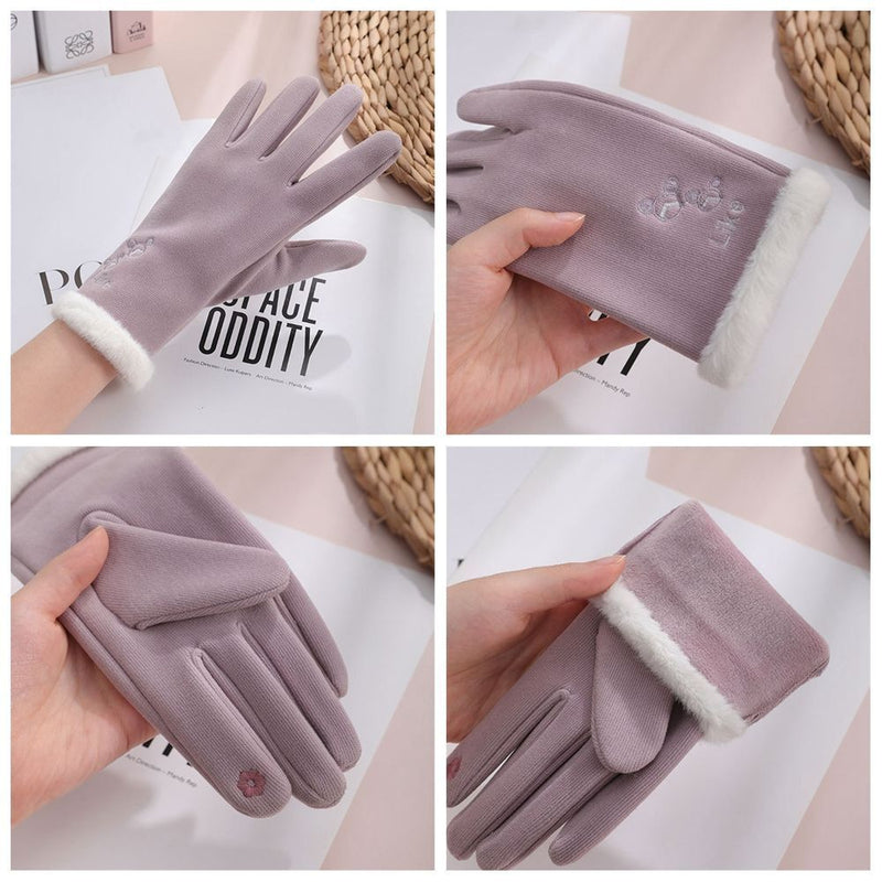 Windproof Embroidered Winter Warm Gloves Touch Screen Plush For Women