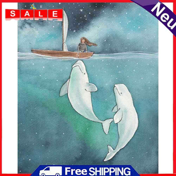 Frameless Oil Paint By Numbers DIY White Dolphin Girl Picture Craft Kit for Home