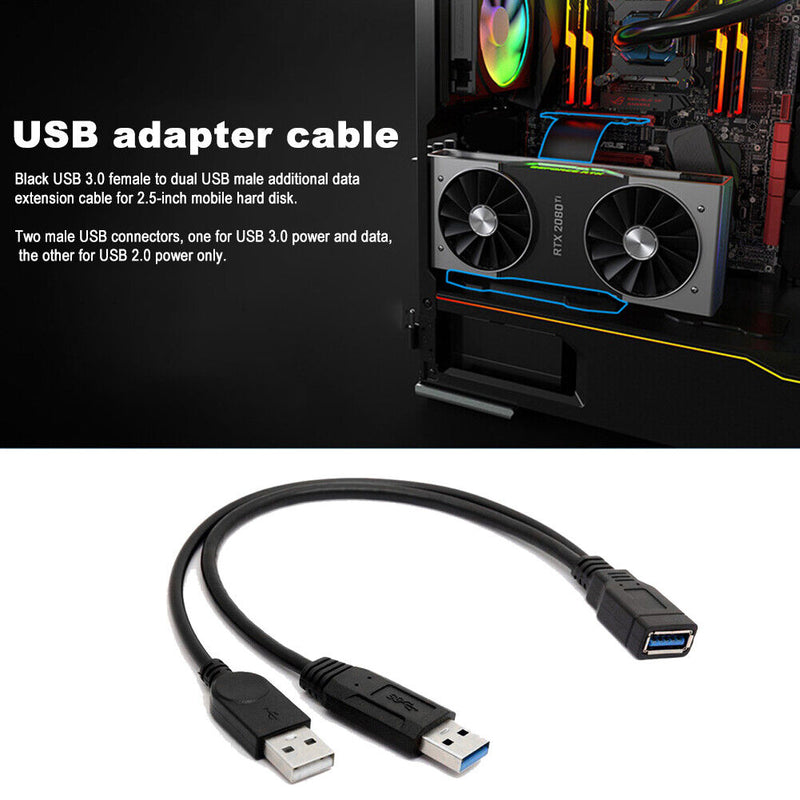 USB 3.0 Female to Dual USB Male Extra Power Data Y Splitter Extension Cable Cord