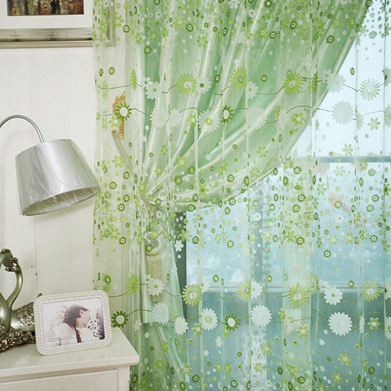 Floral Printed Tulle Voile Window Curtain Sheer Drape Panel 200x100CM Green