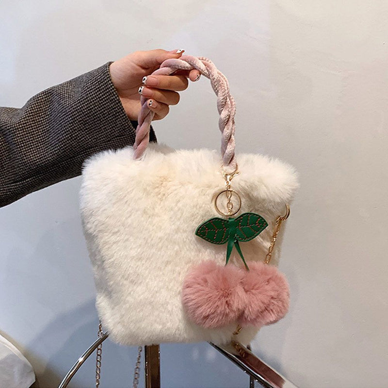 Women Soft Plush Cute Furry Fluffy Cherry Bags Shopping Bags Totes Handbags