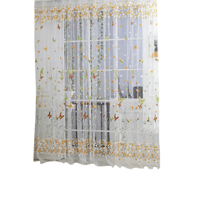 Butterfly Floral Tulle Voile Window Curtain Drape Panel (Green 100X270cm