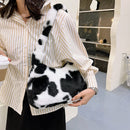 Women Plush Fur Animal Print Handbag Winter Small Underarm Bag (Cow)