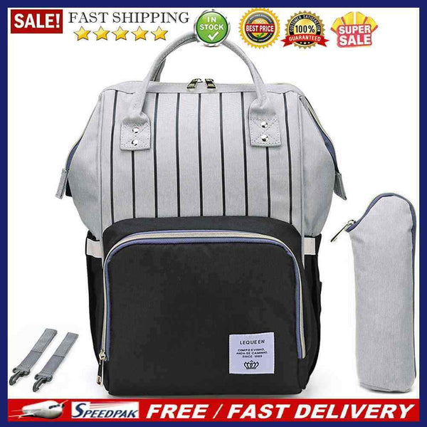 Stripes Waterproof Mummy Backpack Large USB Maternity Diaper Handbag(Black