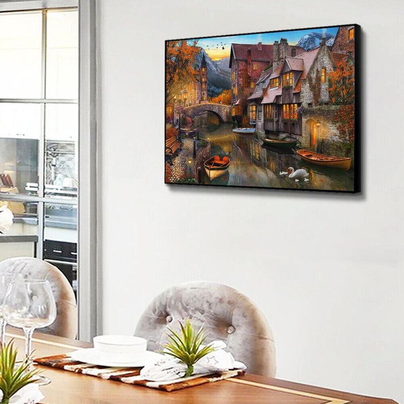 Frameless Oil Painting Arts Picture By Number Riverside Town Hand Painted Craft