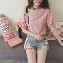 Fashion Women Strap Short Sleeve Stripe Tops Off Shoulder Loose T-Shirts Tees