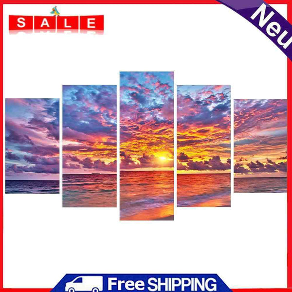 Full Cross Stitch 11CT Cotton Thread DIY 5 Panels Sea Sunset Home Decoration Set