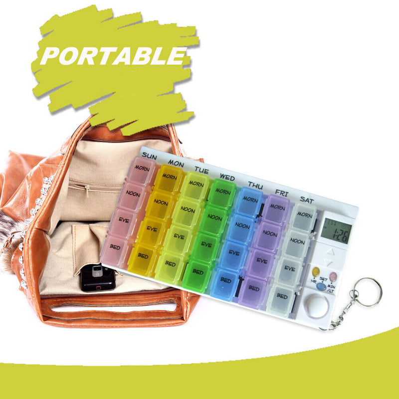 28 Grids Weekly Medicine Box Luminous Alarm Clock Timer Reminder Pill Dispenser