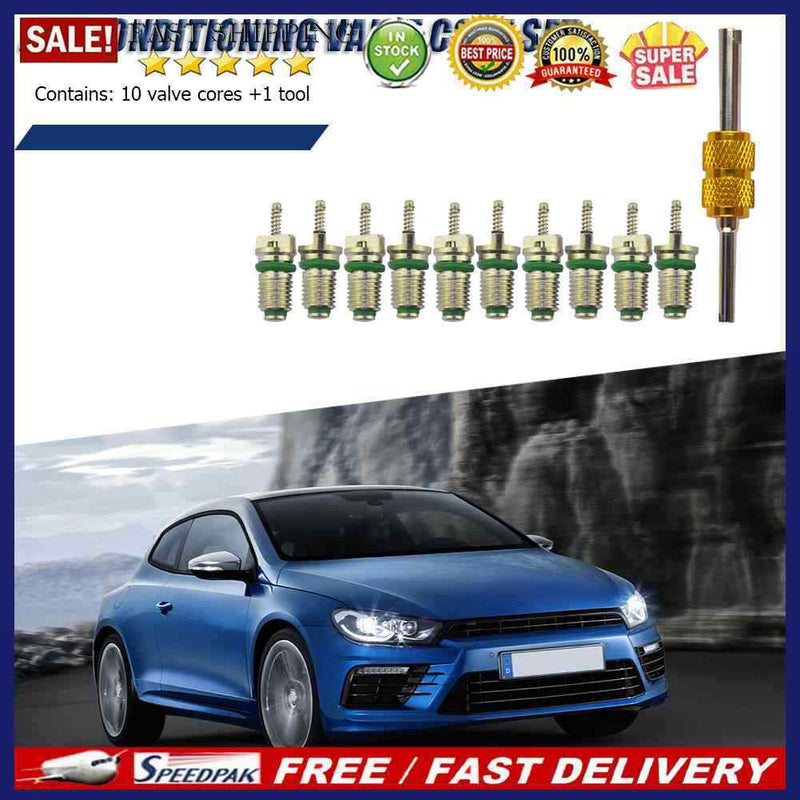 10pcs R134a Car A/C Air Conditioning Valve Cores Green + Valve Core Remover Tool