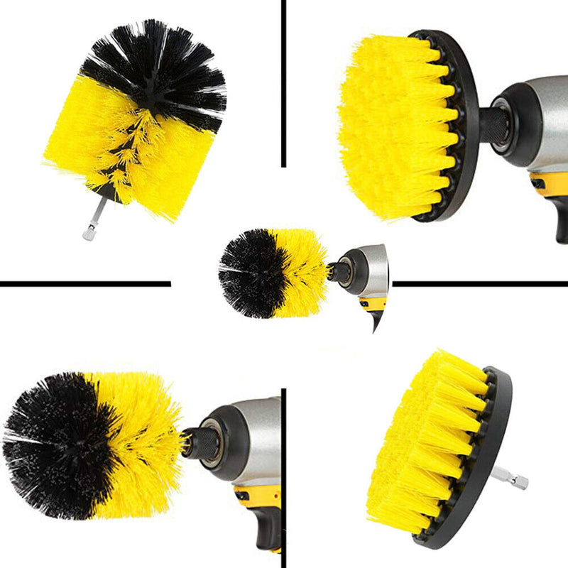 Drill Brush Attachment Set 2 3.5 4 inch Brushes + Extension Rod Kit Yellow Newly