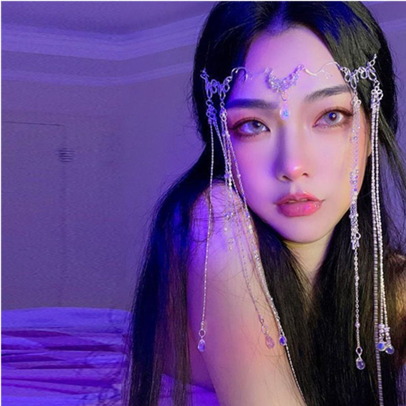 Headdress Rhinestone Fringed Forehead Chain Crystal Long Tassel Headwear