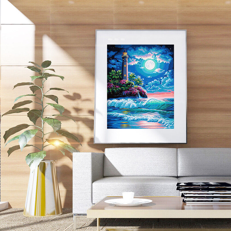 Lighthouse Full Moon 5D DIY Full Square Diamond Painting Digital Coloring M