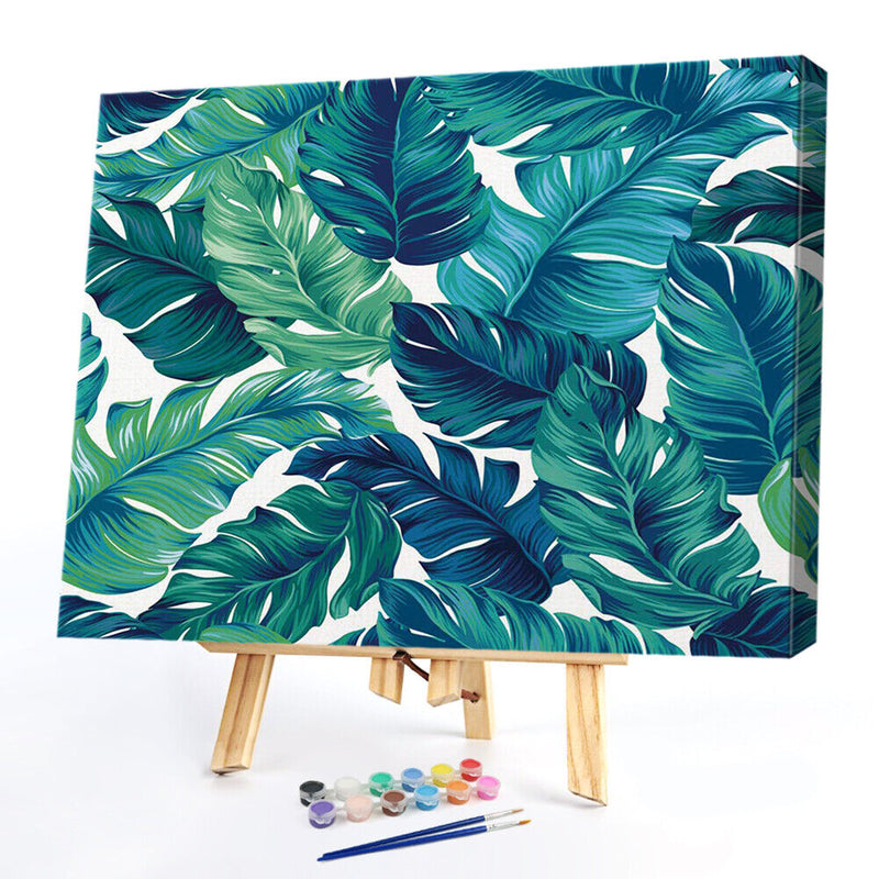 Tropical Leaves Oil Paint By Numbers Kit DIY Handpainted on Canvas Wall Art