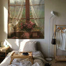 Rustic Microfiber Wide Tapestry Old Window and Flowers K3C6