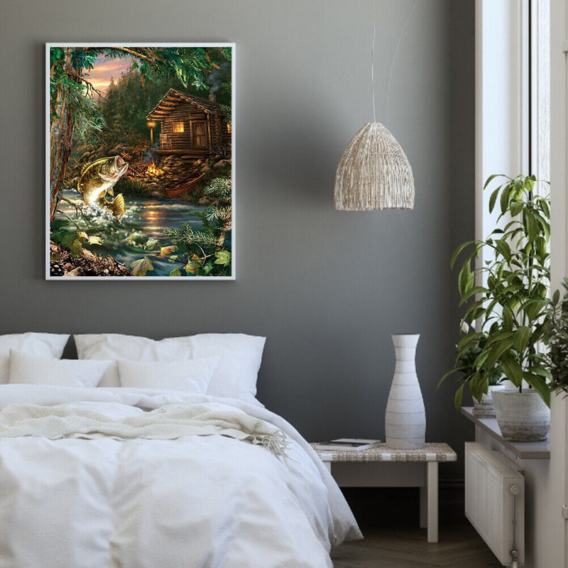 Cabin River Fish Canvas Paint By Numbers Oil Hand Painted Home Drawing Kit