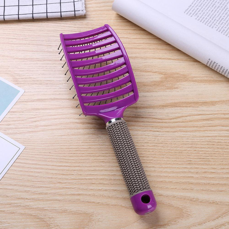 Pro Anti-Static Scalp Massager Hair Brush Curved Row Hairstyle Comb (Purple