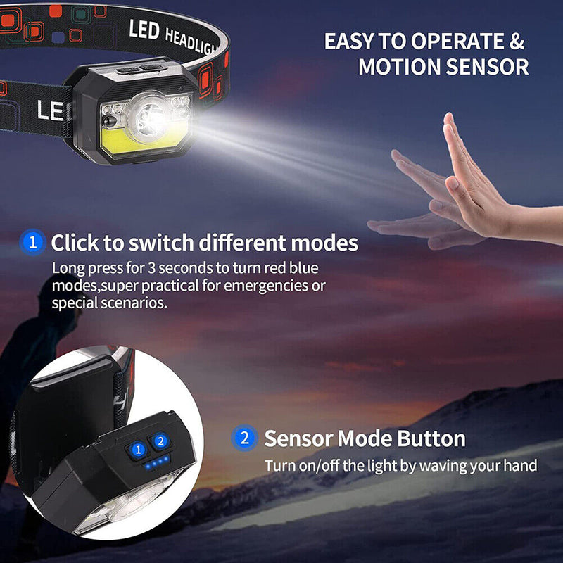 Super Bright LED Headlamp Sensor  Flashlight for Running Hiking Camping