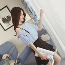 Fashion Women Short Sleeve Stripe Off Shoulder Loose T-Shirts Tops (Blue M)