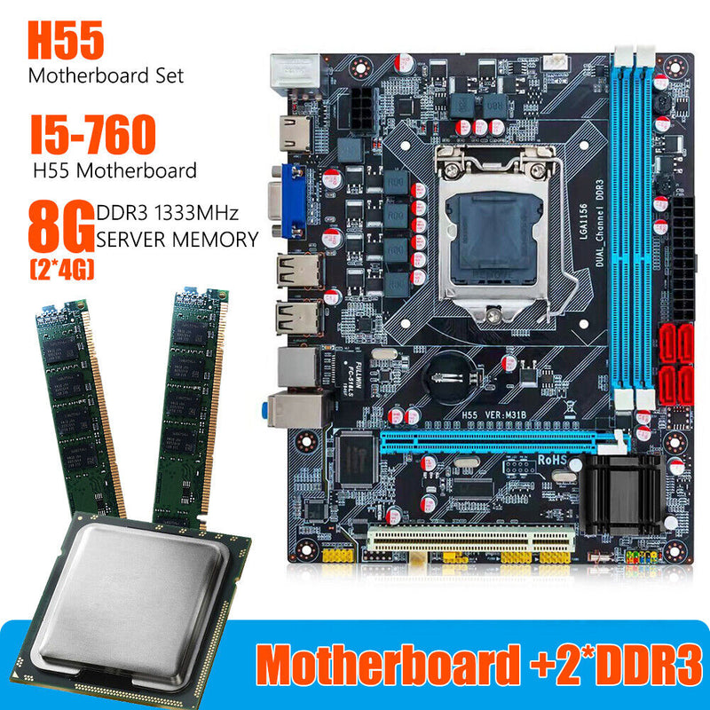 H55 Motherboard+Intel Core i5-760 CPU+2xDDR3 4G VGA HDMI-Compatible Accessories