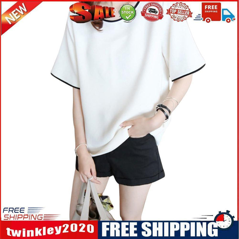 Women Bottom T-Shirt Solid Color Half Sleeve O-neck Tee Shirt (White M)