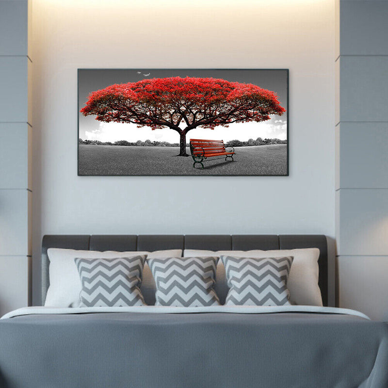 Red Tree Bench Oil Paint By Numbers Kits DIY Handpainted on Canvas Wall Pictures