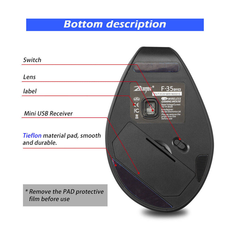 ZELOTES F-35A Wireless Vertical Mouse 2400DPI Optical Mice for Home Office Gamer