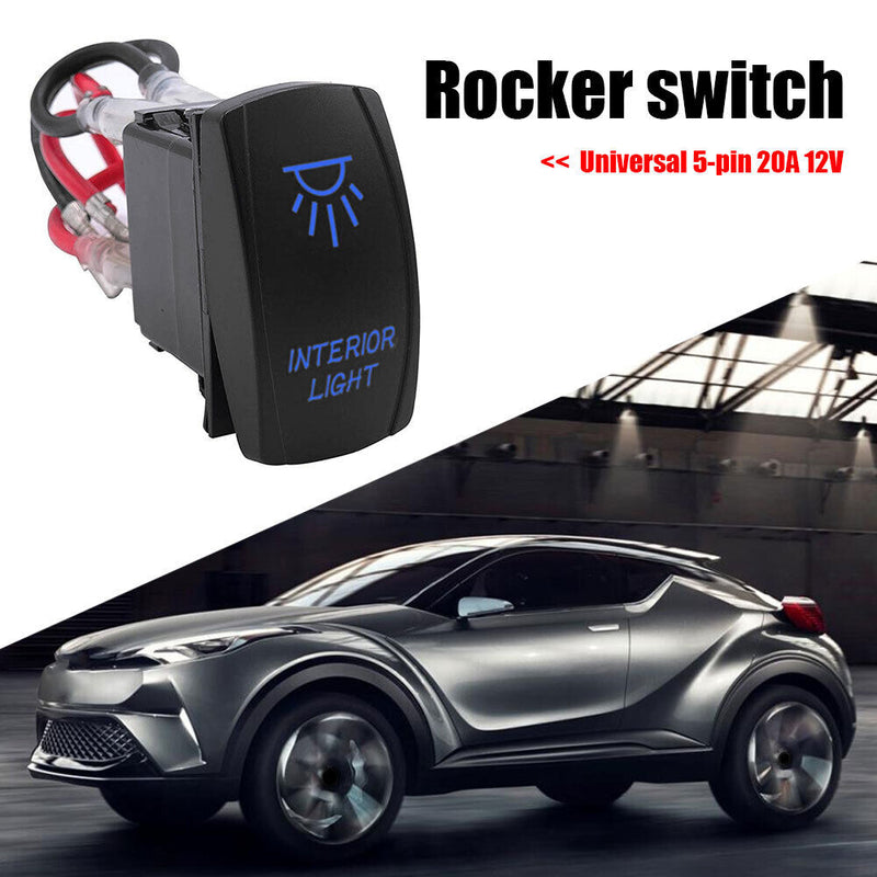 LED Blue INTERIOR LIGHT Rocker Switch with Wires 5-Pin 12V 20 Amp Universal Car
