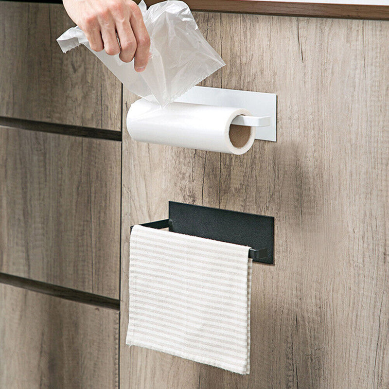 Kitchen Self-adhesive Roll Paper Holder Bathroom Towel Storage Rack (White)