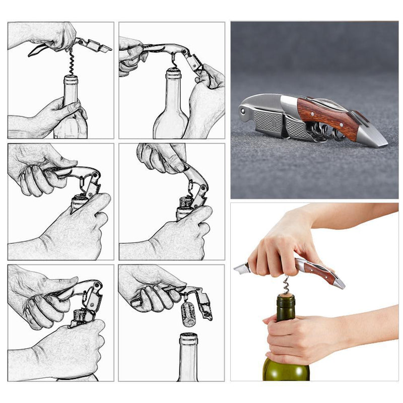 Portable Stainless Steel Wine Bottle Opener Wooden Handle Screw Corkscrew