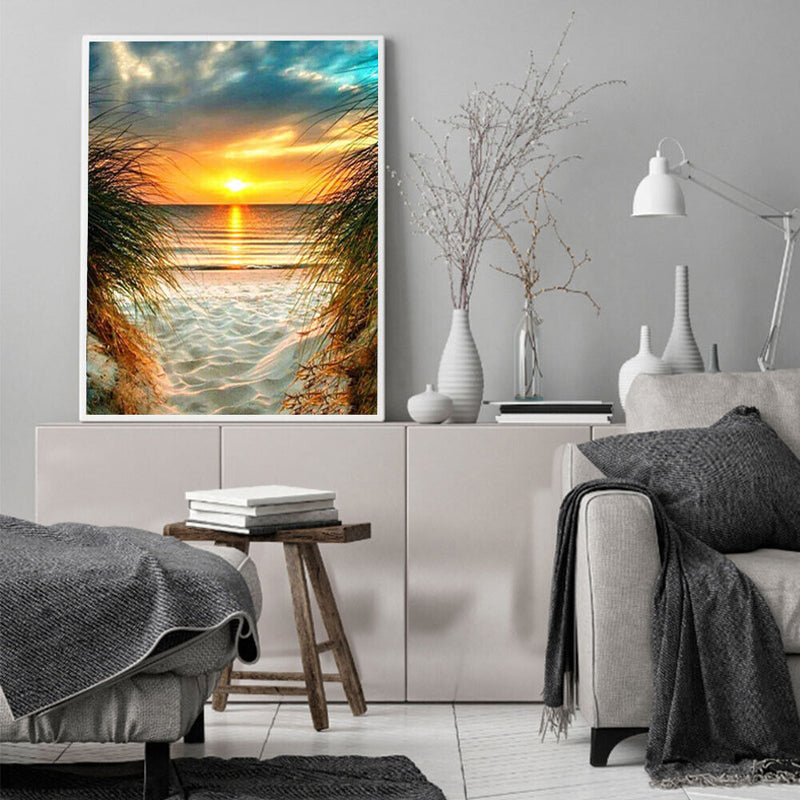 5D DIY Diamond Painting Beach Sunrise Round Drill Art Picture Rhinestone Deco