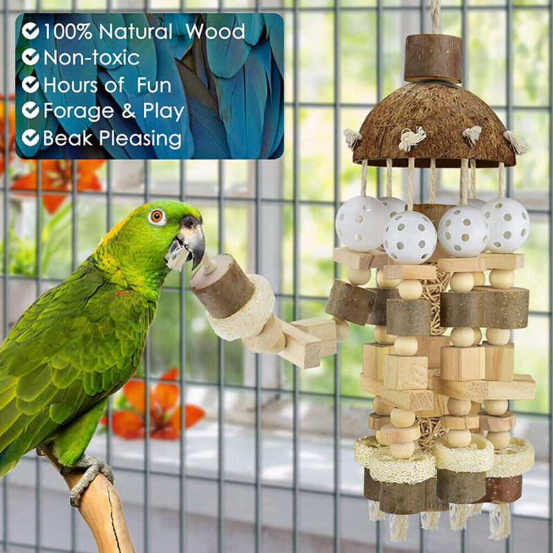 Pet Bird Macaws Cage Chewing Wooden Blocks String Coconut Shell Bite Tearing