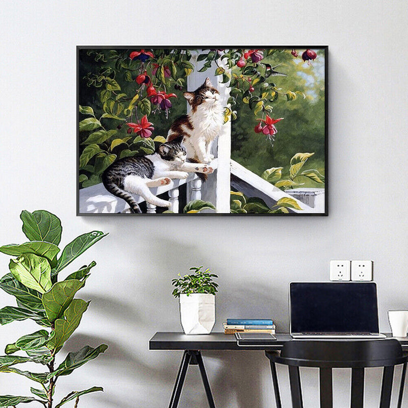 Frameless Oil Painting Picture By Number Cats On the Railing Hand Painted Craft