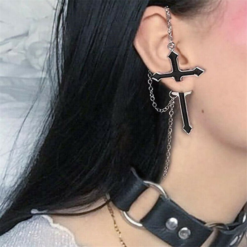 European Style Cross Earrings Zipper Dangle Drop Punk Long Chain Stud Earrings
