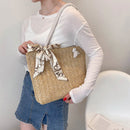 Women Straw Woven Shoulder Tote Bag Casual Silk Scarf Large Capacity Handbags