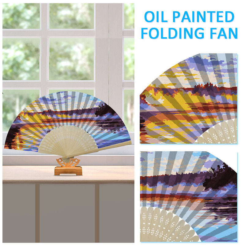 Lake Sunset Oil Paint Folding Fan By Numbers DIY Painted Art Craft Handmade