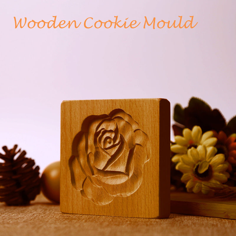 Wooden Cookie Mold Flower Shape Carved Press Stamp for Biscuit Cake (B) Newly