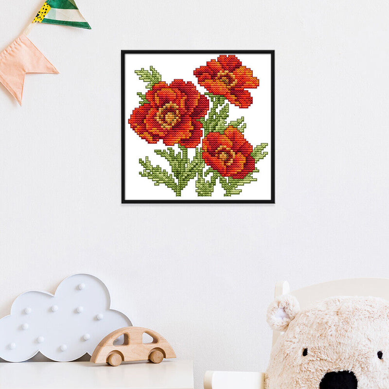 17x17cm Needlework Kit DIY Cross Stitch 14CT Stamped (H452 Red Flower)