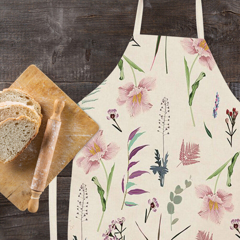 Fresh Flower Printed Linen Apron Kitchen Waterproof Bibs Pinafore (82x68cm)