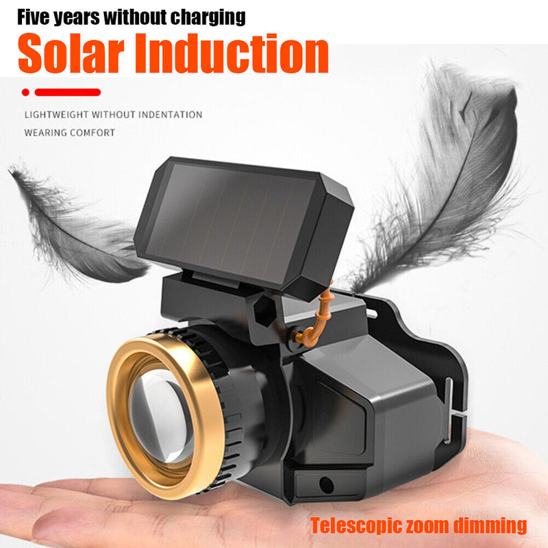 Head-mounted Flashlight Torch Solar + USB Rechargeable Head Light Waterproof