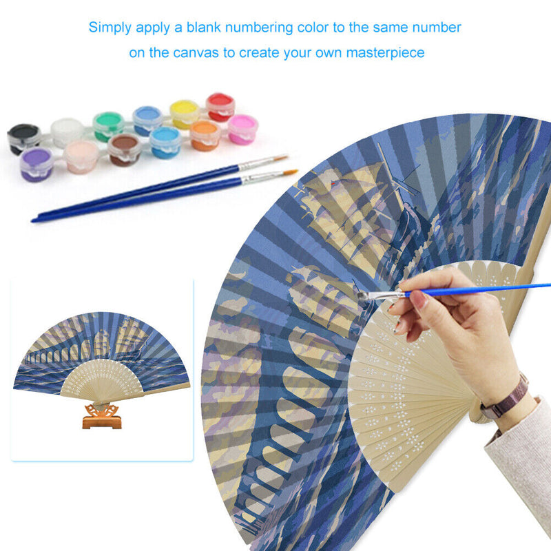 Oil Paint Folding Fan By Numbers DIY Sailboat Bridge Digital Oil Painting Fan
