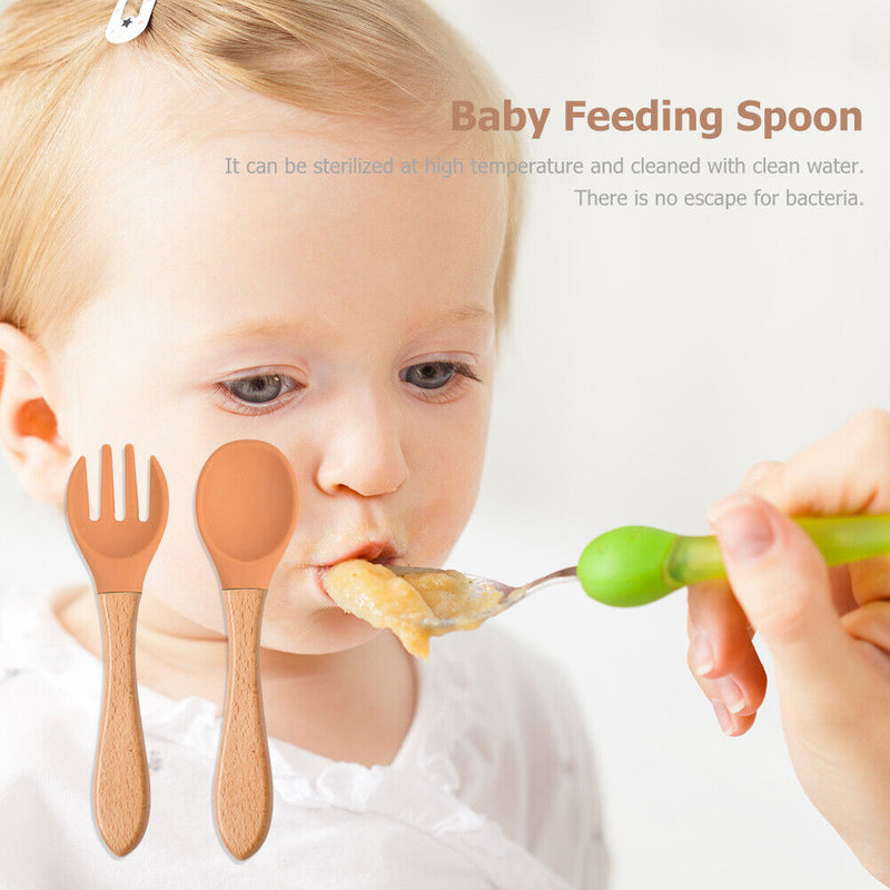 Baby Wooden Silicone Feeding Spoon Toddlers BPA-free Tableware (25) Newly