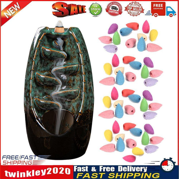 Incense Holder Ceramic Backflow Waterfall Incense Burner with 50 Cones (D) Newly