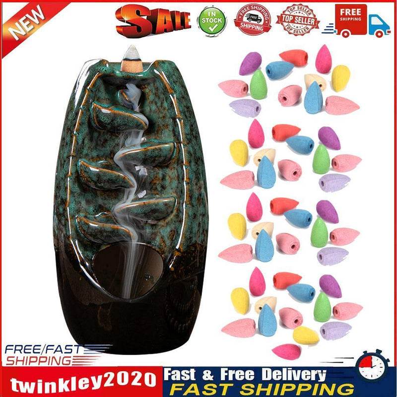 Incense Holder Ceramic Backflow Waterfall Incense Burner with 50 Cones (D) Newly