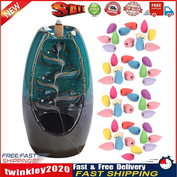 Incense Holder Ceramic Backflow Waterfall Incense Burner with 50 Cones (A) Newly