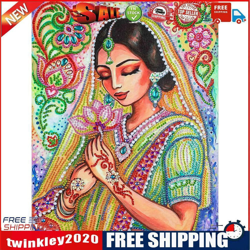 Partial Special Diamond Painting Kit Girl Holding Lotus Rhinestone Picture